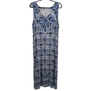 J. Jill XL Maxi Dress Blue Printed Jersey Knit Sleeveless Casual Coastal Beach